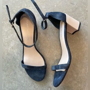 Stuart Weitzman Denim Ankle Strap Block Heel Sandals 9.5 Made in Spain